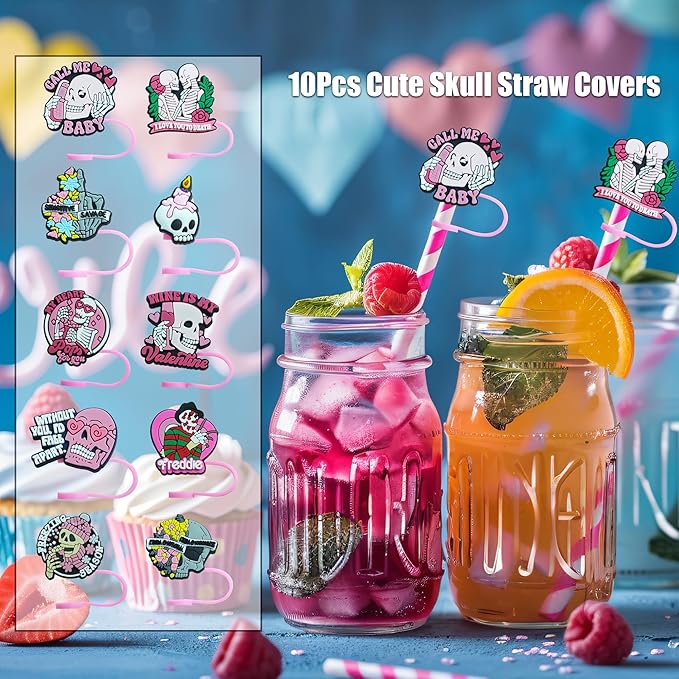10Pcs Skull Straw Covers Cap for Stanley Cup, 0.4in/10mm Silicone Straw Toppers for Stanley 30&40 Oz Tumbler with Handle, Reusable Dust-Proof Drinking Straw Tips Lids,Cute Stanley Cup Accessories