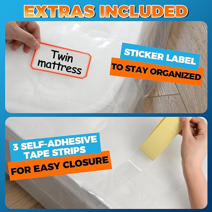 Storage Standard Twin Mattress Storage Bag - Waterproof & Reusable Mattress Bags for Moving, Heavy-Duty 4-Mil Plastic with Tape Strips & Label Sticker, 95 x 42 x 15 Inch, for Standard Twin Mattresses