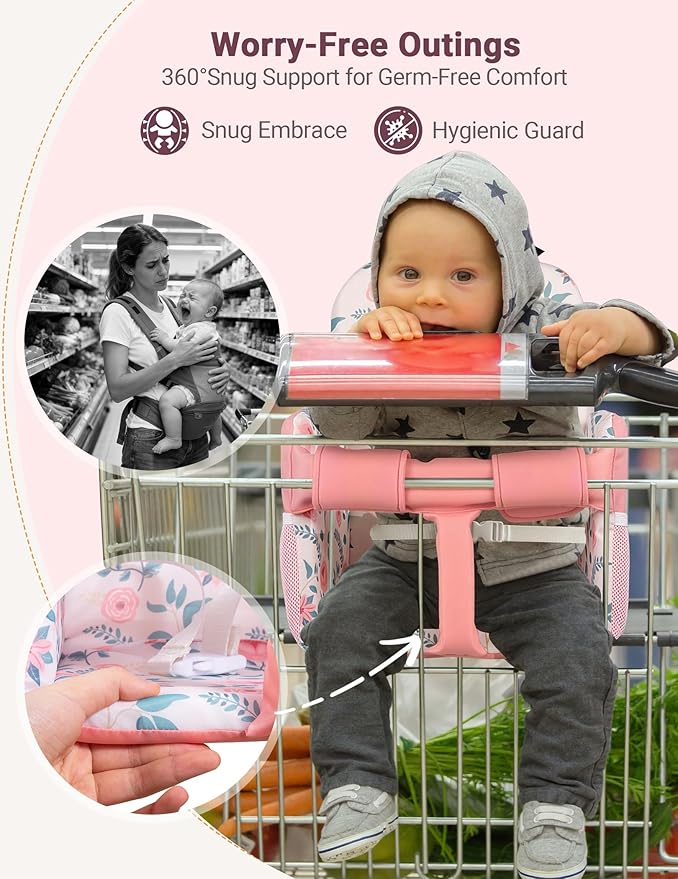 Shopping Cart Cover for Baby Girl, High Chair Cover for Restaurant, Padded, Hygienic Grocery Cart Seat Cover & Swing Insert with Safety Harness & Pockets, Machine Washable (Pink)