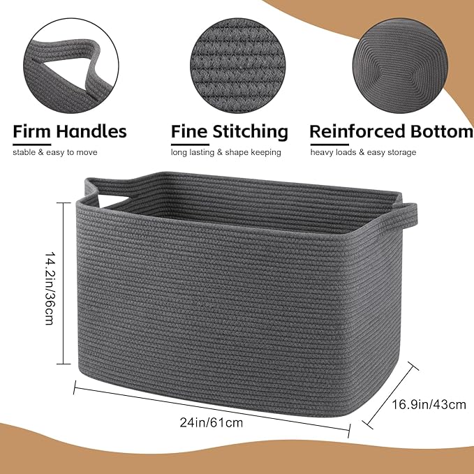 OIASKET 95L Large Blanket Basket, Blanket Storage Living Room, Rectangle Woven Baskets for Storage Toys, Towels, Dirty Clothes Organizer Bins (Dark Grey)