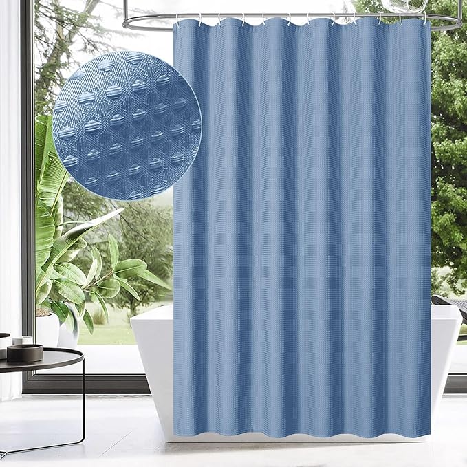 MitoVilla Extra Long Shower Curtain 72 x 84, Blue 84 inch XL Waffle Fabric Shower Curtains for Modern Luxury Bathroom Decor, Waffle Weave Textured Weighted Shower Curtain 84 inch, Moonlight Blue