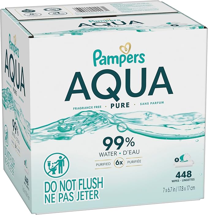 Pampers Aqua Pure Baby Wipes, 99% Water, Fragrance Free, Unscented, Water Based, Multi-Use, 448 Wipes Total (8X Flip-Top Packs) [Packaging May Vary]