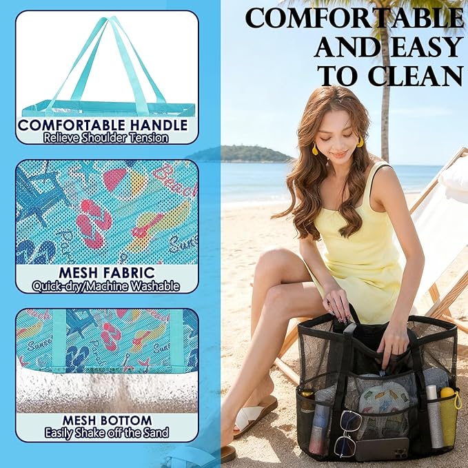 Mesh Beach Bag, Large Beach Tote with Zipper Pocket for Family Pool Bag for Toys & Vacation Essentials