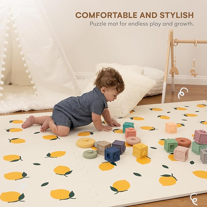 CHILDLIKE BEHAVIOR XL Baby Play Mat - 72 x 48 Inches Puzzle Play Mat with 6 Foam Floor Tiles - Interlocking Puzzle Mat for Toddlers and Infants Play Pen - Soft Crawling Mat for Tummy Time - Lemons