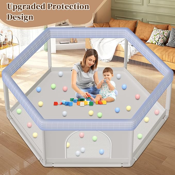 Hiaksedt Large Baby Playpen 65x65 Inch, PlayPen for Babies and Toddlers Hexagonal Type Baby Play Yards for Indoor & Outdoor with Breathable Mesh Anti-Fall