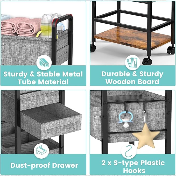 2In1 Baby Diaper Caddy & 4-Tier Rolling Diaper Cart, Diaper Caddy Organizer Cart with Dividers & Drawer, Mobile Metal Bedside Cart for Nursery Essentials Storage, Large Capacity