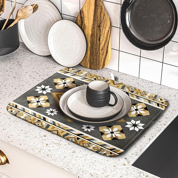 Boho Yellow Gray Aztec Dish Drying Mat for Kitchen Counter,Native American Tribal Aztec Ethnic Boho Style Drying Mat 16 x 18 Inch Microfiber Dish Drying Pad Dish Rack Pad Drainer Mat for Coffee Bar