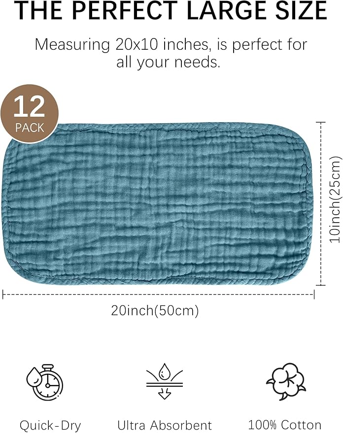 Lovely Care 12 Pack Muslin Burp Cloths 100% Cotton Muslin Cloths Large 20''x10'' Extra Soft and Absorbent Baby Burping Cloth - Slate, Navy & Grey