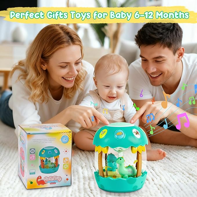 M SANMERSEN Baby Boy Toys 6-12 Months, Dinosaur Rotating Light Up Musical Baby Toys for 0-6 12-18 Months Newborn Infant Crawling Tummy Time Toys, Birthday Xmas Valentines Day Baby Boy Gifts - Green