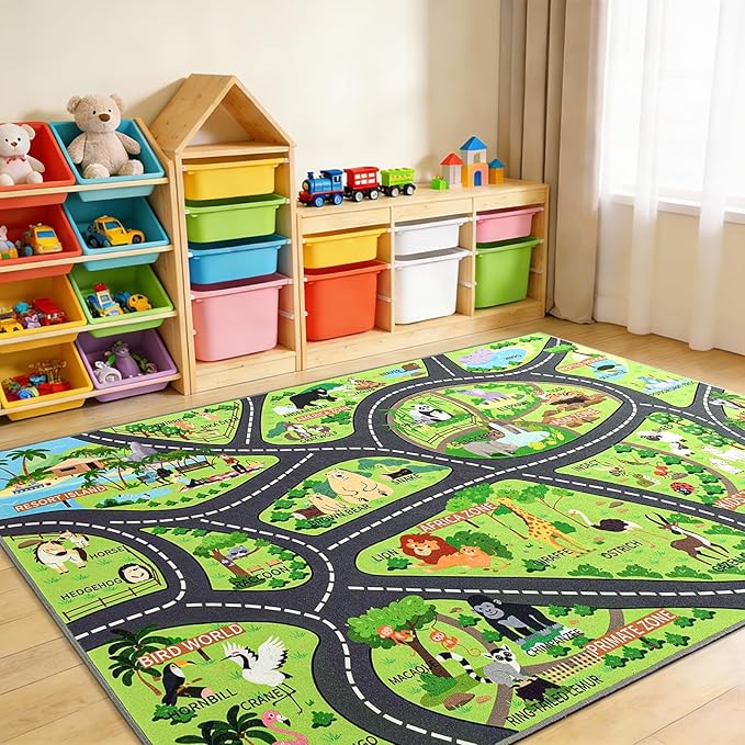 Zoo Adventure Kids Rug, Cute Animal Play Mat with Non-Slip Backing, Kids Carpet with Lions, Tigers & Giraffes for Educational and Fun Playtime, 5x7ft
