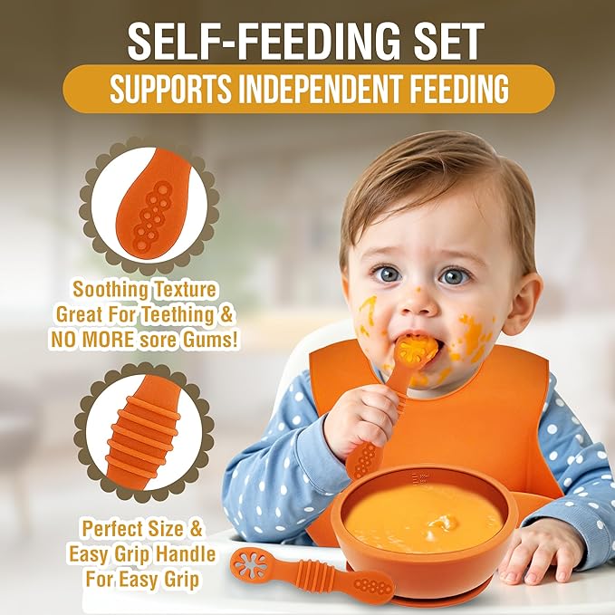 6 Piece Baby Bowls With Suction and Lids | Toddler Bowl Set with 1 Bowl, 1 Bib, 2 Baby Spoons, 1 Large Spoon, 1 Large Fork, Baby Feeding Essentials (1, Light Blue)