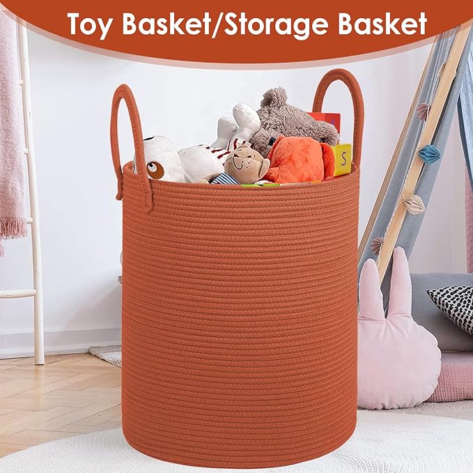 Cotton Rope Laundry Basket, Large Capacity Storage Bin with Handles, Large Blanket Basket for Living Room, Ribbed Texture (Brick Red, XX Large 100L)