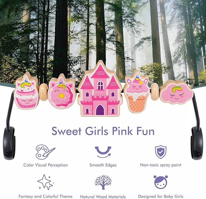 Baby Bjorn Bouncer Toy Bar, Adorable Pink Elements Wooden Toy for Bouncer Soft & Bliss, Easy to Attach and Remove, Child-Friendly Materials, Special Design for Baby Girls, Castle & Dessert