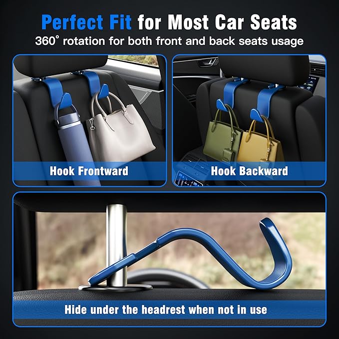 Amooca Car Seat Headrest Hook 4 Pack Hanger Universal Vehicle Car Storage Organizer for Handbag Purse Coat S Type Blue