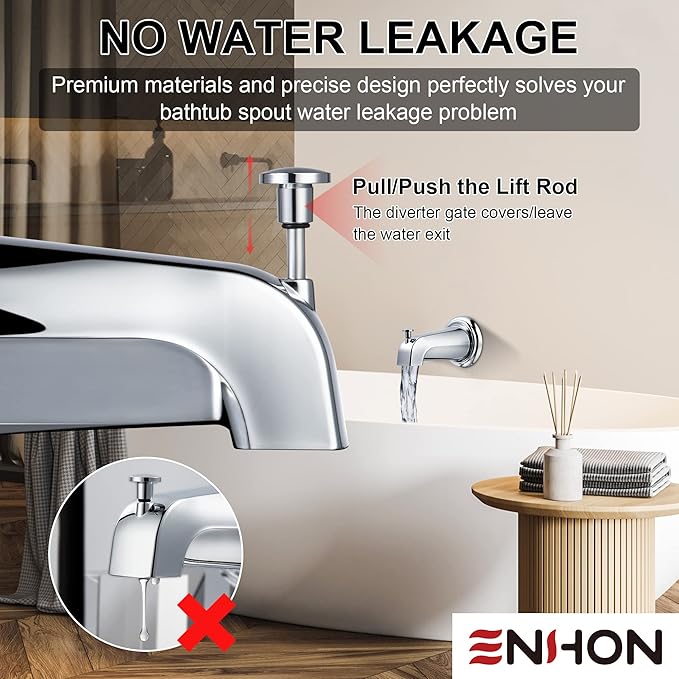Enhon Slip on Tub Spout with Diverter, Compatible with American Standard 8888026.002 Tub Spout, Bathroom Bathtub Faucet, Fits 1/2 Copper Water Tube(5/8 Dia), 5/32 Hex Wrench(Chrome,1)