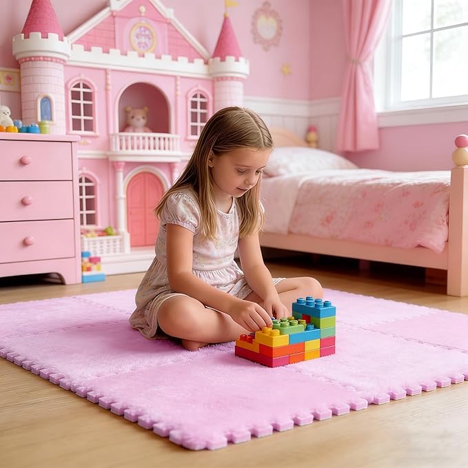 16pcs 0.6" Thickened Interlocking Tile Mats,Fluffy Shaggy Soft EVA Foam Area Rug for Living Room & Bedroom,Non-Slip Protective Floor Carpet Play Mat Kids Baby Dorm Home Decor (11.8ft, Pink)