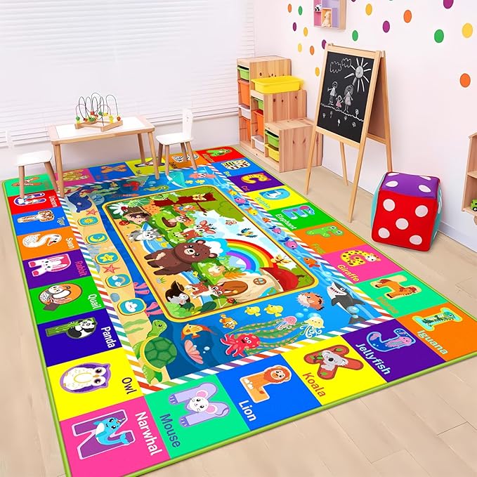 Baby Play Mat for Floor, ABC Kids Play Mat, Forest Animals Kids Rugs for Girls and Boys Playroom, Foldable Rug for Baby Toddler Infants Crawling Playing (Green, 110.2X78.7 INCH)