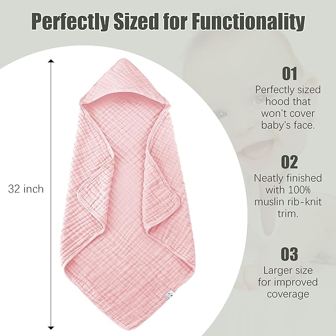 Spotted Play 2 Pack Hooded Baby Towels - 100% Muslin Cotton for Newborns, Infants, Toddlers - Large 32x32Inch Size - Highly Absorbent and Essential for Newborn Care, White and Pink