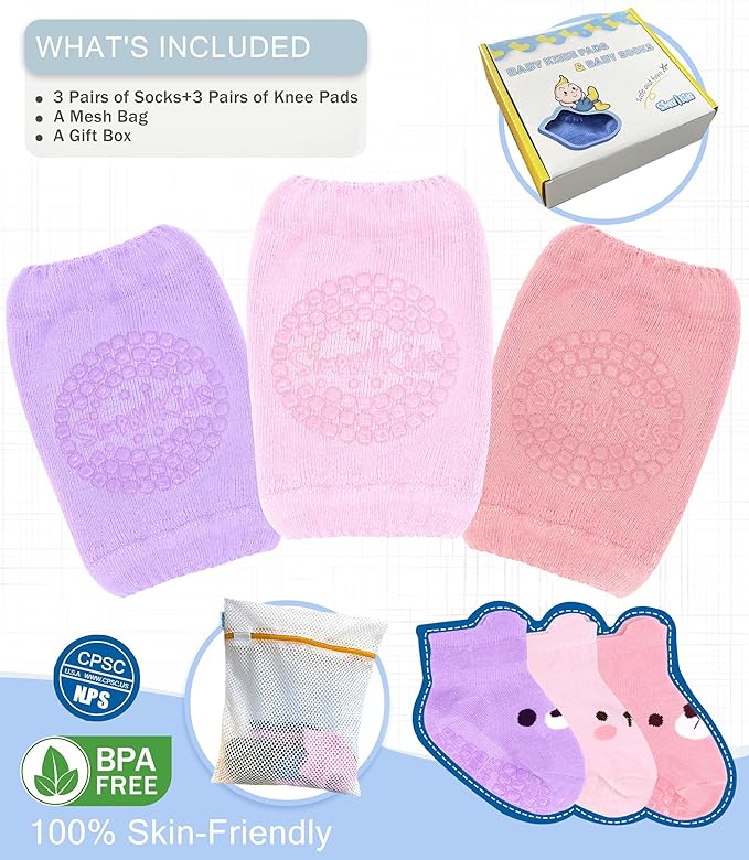 Simply Kids Anti-Slip Baby Knee Pads and Socks Set for Crawling and Walking (6 Pairs, 6-18 Months) Infant Toddler Boy Girl