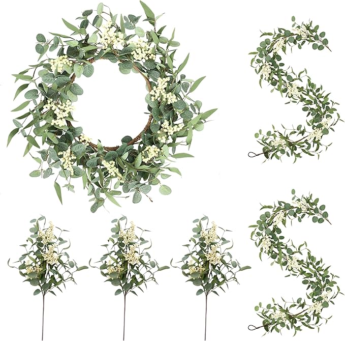 Pinkpum 20'' Eucalyptus Wreath 6FT Greenery 20'' Artificial Plants Set 6 for Front Door Fireplace Table Hanging Porch Wall Home Window Decor Farmhouse Garden Indoor Outdoor Summer Spring Fall Garland