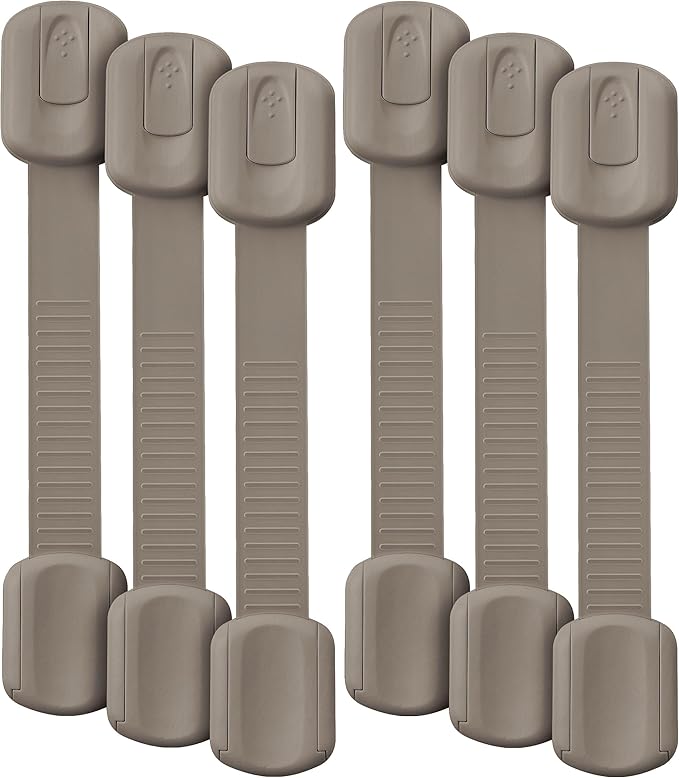Bates- Child Safety Strap Locks, 6 Pack, Warm Gray, Baby Cabinet Locks with Adjustable Strap Length