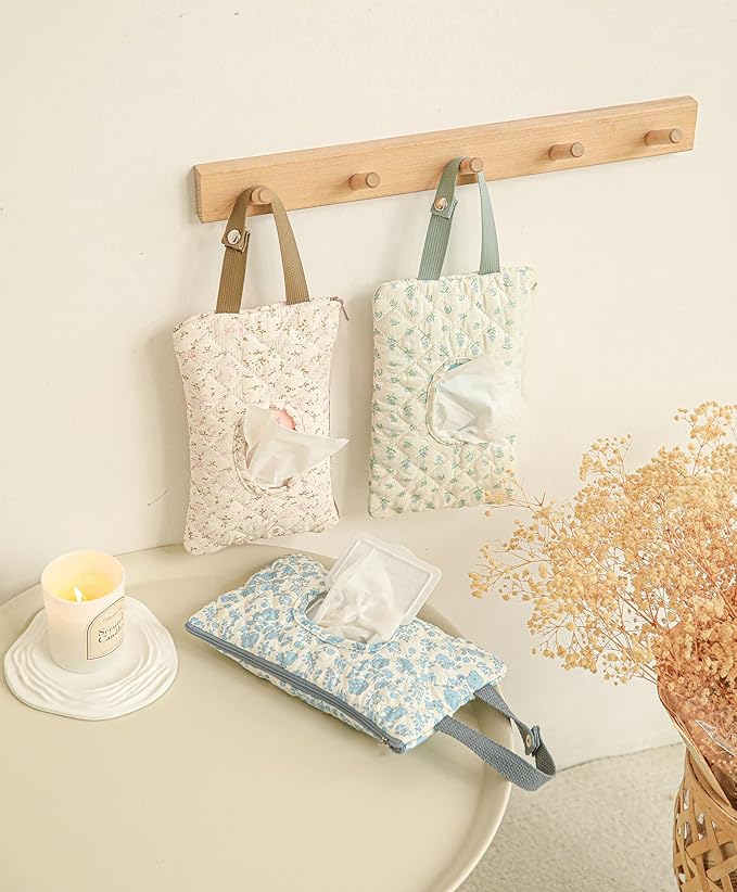 Quilted Baby Wipe Holder Quilted Wipe Pouch Portable Hanging Floral Wet Wipes Bag for Car, Stroller (Light Green 2)