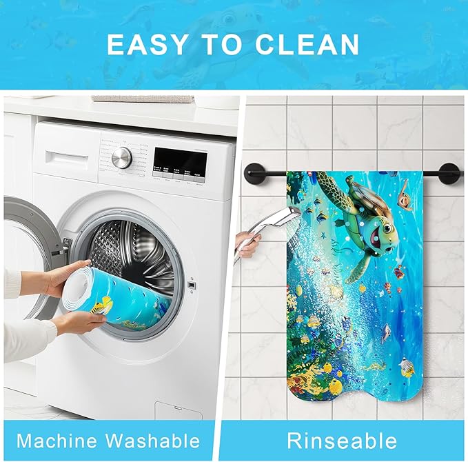 Upgrade Cartoon Baby Bath Mat Non Slip - 40"x16" Extra Long Bathtub Mat for Baby Eco Friendly Durable Bath Mat for Tub Non Slip Kids Tub Mat with Suction Cups, Machine Washable and No Fading, Turtle