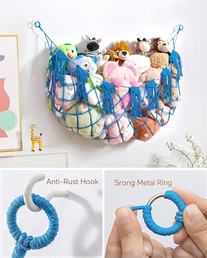 Boho Macrame Stuffed Animal Hammock with LED Lights, Wall Corner Hanging Plushie Net, Large Toy Organizer for Kids Bedroom Nursery Playroom & Dorm (Blue XL)
