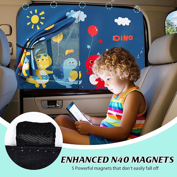 Car Window Shade for Baby, 2 Pack Magnetic Double Layer Cute Dinosaurs Car Sun Shade Side Window, Adjustable Privacy Blackout/See-Through Window Curtains for Baby Kids UV Protection