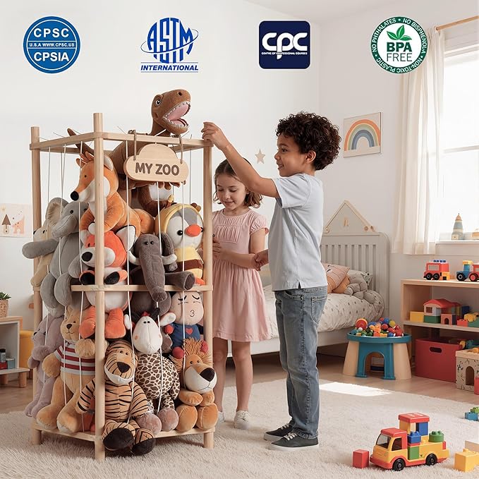 LAMU Stuffed Animal Storage Zoo, Wooden Stuffed Animals Organizer & Holder for Kids with Elastic Cords, Space Saving Plushies Toy Organizer, Easy to Setup Plush Toy Cage for Playroom Bedroom Nursery