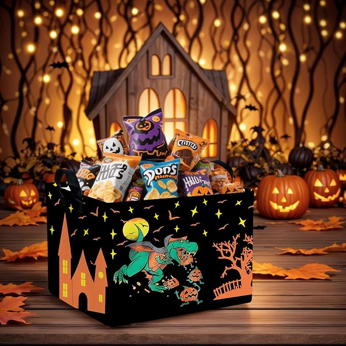 ASKETAM Halloween Basket Gift Cute Pumpkin Ghost Parties Decor Kid Trick or Treat Basket for Boys and Girls Rectangular Storage Bin Box (Dinosaur)