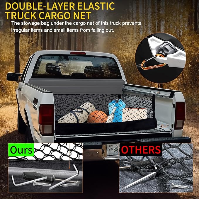 Highly Elastic Truck Bed Cargo Net Compatible with 2015-2025 Ford F150 and Fits 2019-2025 Dodge Ram 1500, Truck Cargo Net for F150/Ram 1500 Accessories, Upgraded Storage Bag & Heavy Duty Carabiners