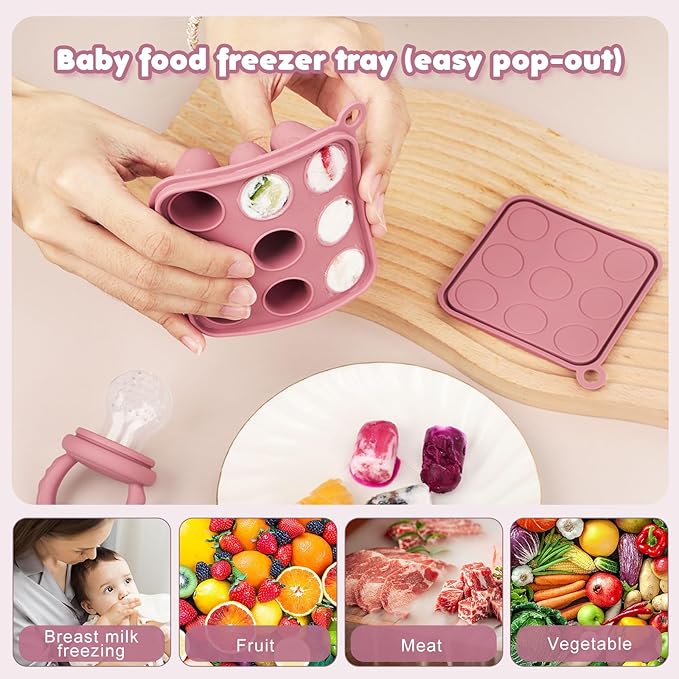 Baby Fruit Food Feeder Breastmilk Popsicle Molds, Silicone Food Freezer Tray for Cooling Teething Relief, Baby Food Feeder for Safe Infant Self Feeding, Includes 3 Extra Food Pacifier