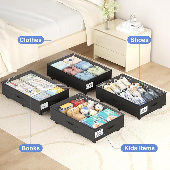 UTOLOVE Under Bed Storage with Wheels, 2-Pack Under Bed Storage Containers with Clear Lids, Under the Beds Storage Organizer Bins With Handles, Under Bed Drawer for Clothes, Shoes, Books, Toys