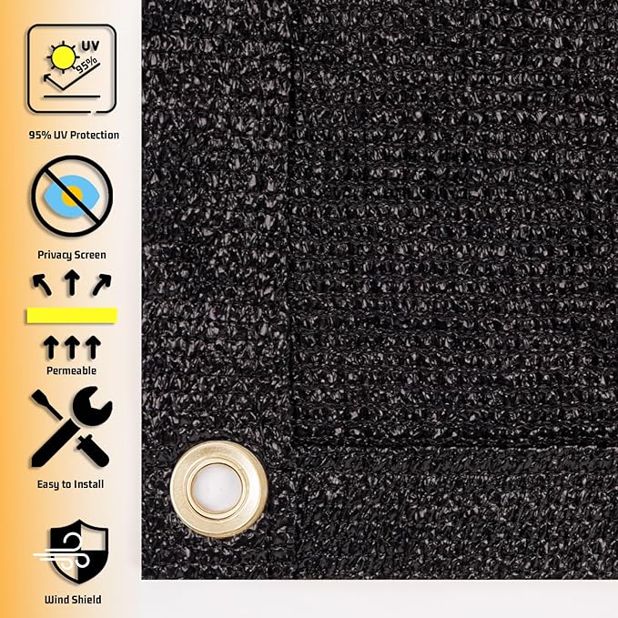 SUNNY GUARD Shade Cloth 4/6/8/10/12 FT Sun Shade Screen Fabric Shade Cover Tarp with Grommets for Pergola Backyard Garden, Black