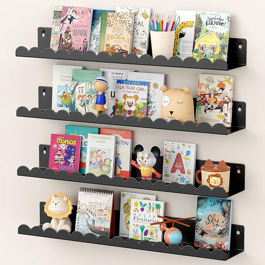 Floating Shelves for Wall, 23 Inch Metal Nursery Book Shelves 4 Pack, Wall Mounted Book Shelf for Kids Room, Bedroom, Bathroom, Playroom Decor (Black)