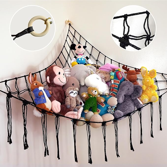 ABBY BABY Large Stuffed Animal Hammock Corner - Stuffed Animal Storage - 100% Natural Cotton Macrame Stuffed Animal Net - Stuff Animal Organizer - Net For Stuffed Animals Corner Large-Black