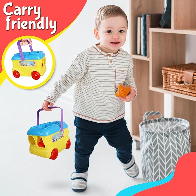 Playkidiz Bus Shape Sorter Toy - Kids Block Sorter with 16 Colorful Shapes - Sorting Toys for Toddlers 1-3 - Creative Play Learning Skills Development