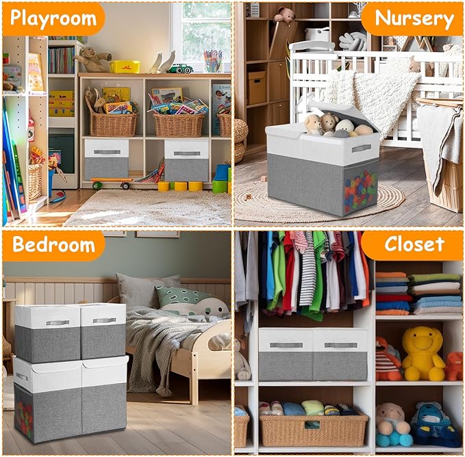 Fiwochic 3 Pack 23" Large Toy Storage Box with 11" Cubes Bins, Collapsible Toy Organizer Chest with Lids for Kids Nursery Playroom Bedroom Living Room Christmas Ornament Storage Box(Grey White)
