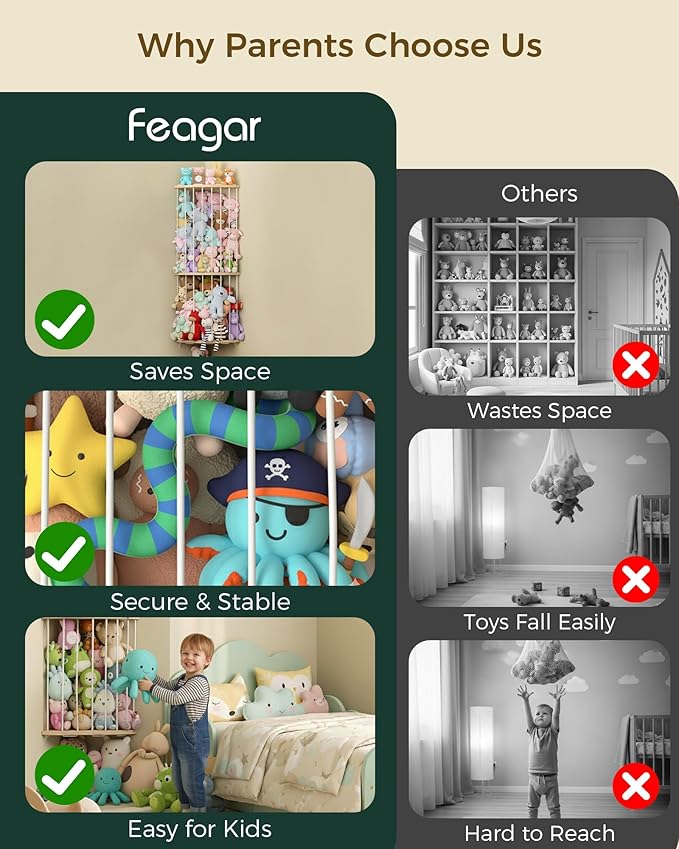 Feagar Three Tier Stuffed Animal Storage Wood Corner Plush Toys Holder, Adjustable Hanging Stuffed Animal Organizer Shelf for Nursery Playroom Bedroom