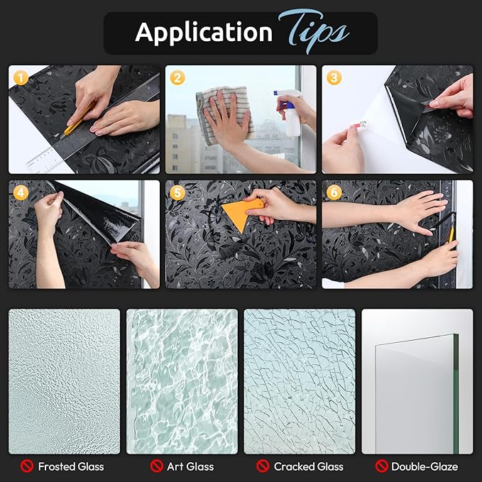 rabbitgoo Total Blackout Window Film Sun Blocking, Black Privacy Window Film Light Blocker, Stained Glass Thermal Cling Heat Control, Room Darkening Glass Sticker for Door Covering, 17.5" x 118.1"