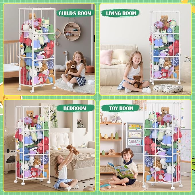 OUTWOLF Stuffed Animal Storage, Large Stuffed Animal Zoo Holder, Sturdy Metal Plushies Toy Storage Organizer for Nursery Playroom Kids Room, White