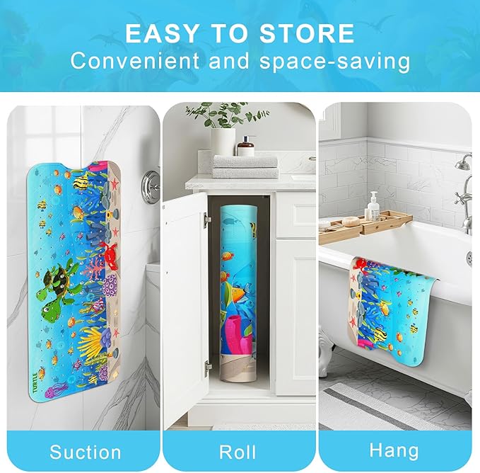 Upgrade Cartoon Baby Bath Mat Non Slip - 40"x16" Extra Long Bathtub Mat for Baby Eco Friendly Durable Bath Mat for Tub Non Slip Kids Tub Mat with Suction Cups, Machine Washable and No Fading, Turtle
