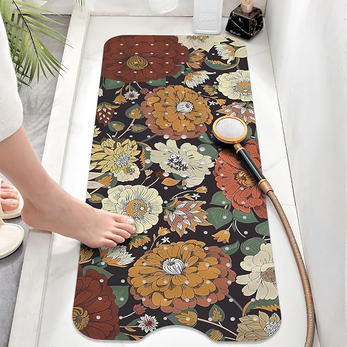 Non Slip Bathtub Mat, Bohemian Flower Bath Mat for Tub, Extra Long Bathtub Mat Shower Mat with Suction Cups and Drain Holes for Elderly Kids Toddler Baby 40 X 16 Inch