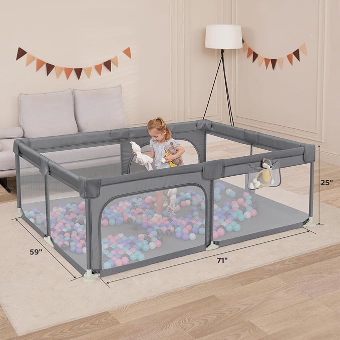 Dripex Large Baby Playpen 71×59 Inch, Large Playpen for Babies and Toddlers- Indoor & Outdoor Kids Safe Play Yard, Soft Breathable Visible Mesh, Anti-Fall & Anti-Slip Design Baby Fence, Light Grey