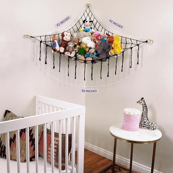 ABBY BABY Large Stuffed Animal Hammock Corner - Stuffed Animal Storage - 100% Natural Cotton Macrame Stuffed Animal Net - Stuff Animal Organizer - Net For Stuffed Animals Corner Large-Black
