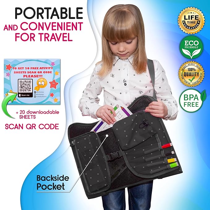 Kids Travel Tray - Waterproof Lap Table with No-Drop Large Tablet Holder - Car Seat Tray - Road Trip Essentials Kids - Car Desk Organizer for Airplane - Toddler Travel Essentials