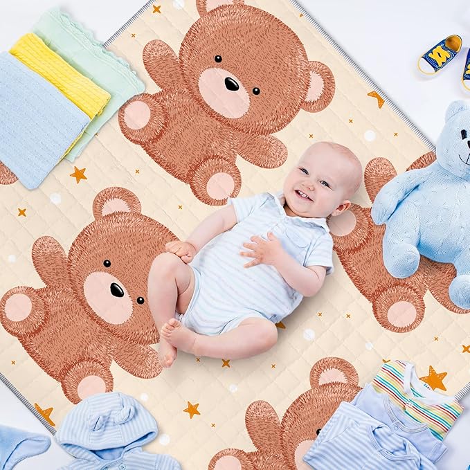 Funtery 43 x 43 Inch Boho Baby Play Mat Portable Crawling Washable Foldable Tummy Time Non Slip Baby Floor Large Playpen Mat for Infants Toddlers Floor Playpen Activity(Bear)