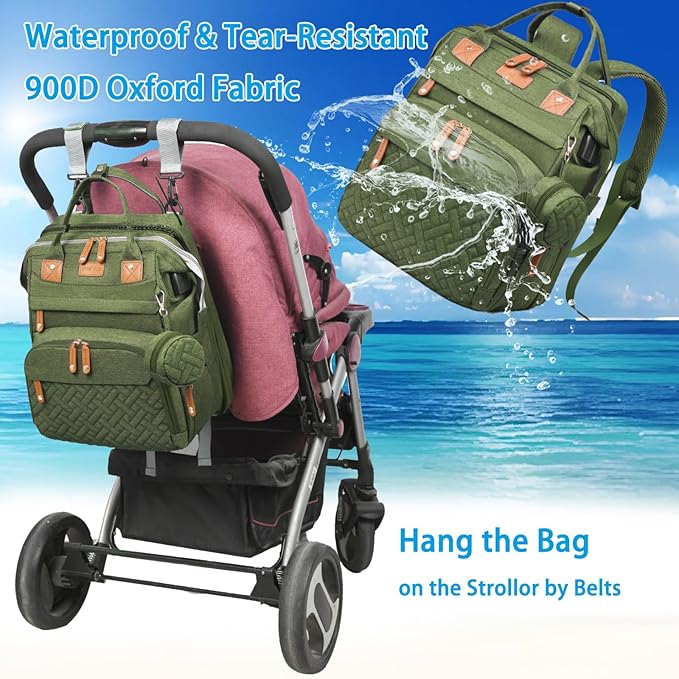 Jeryswet Baby Diaper Bags with Changing Station, Waterproof Large Capacity Diaper Bag Backpack for Moms Dads with USB Charging Port and Stroller Straps, Baby Shower Gifts, Green