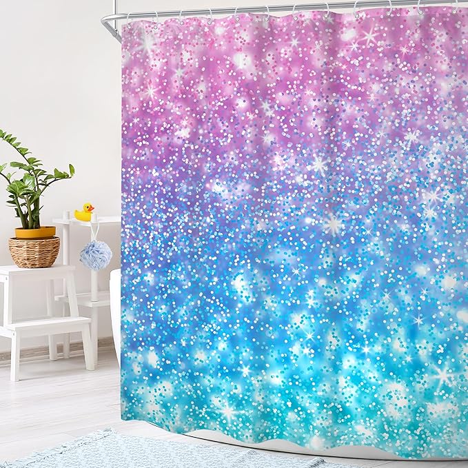 Kids Ombre Teal Shower Curtain 60Wx72H (Not Glitter) Colorful Turquoise Purple Shower Curtain for Girl Women Rainbow Polka Dots Mermaid Not Sparkle Pink Bathroom Decor Fabric with 12 Hook